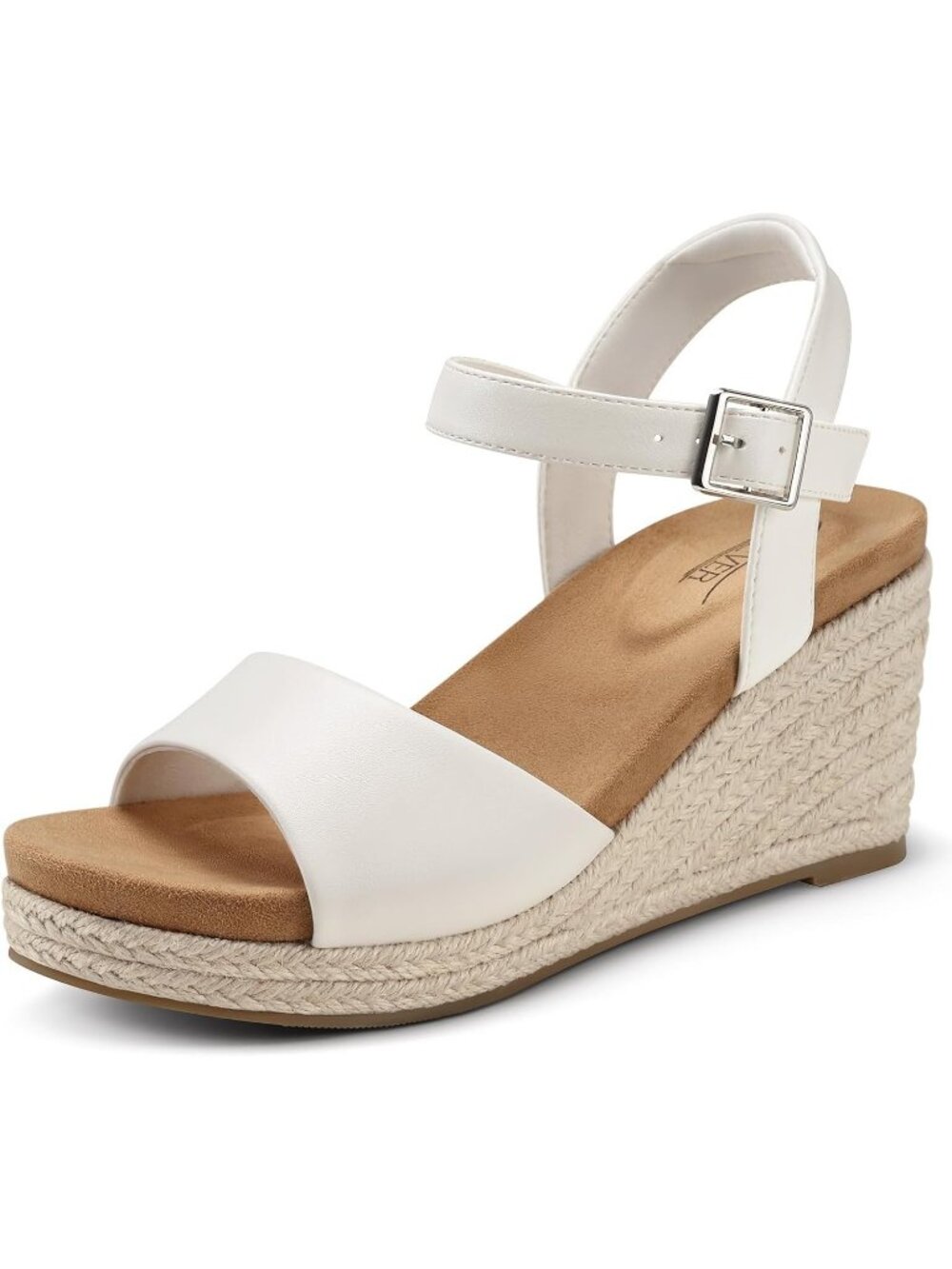 Women's White Cotton Comfortable Adjustable Ankle Strap with Buckle Heel Sandals